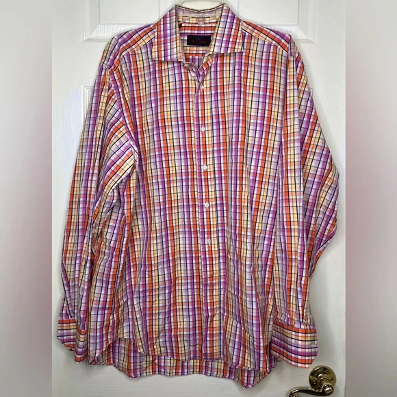 Men ETRO orange Pink White Plaid Check Button Down L/s Dress Shirt Sz 42 US 16.5